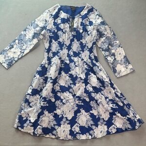 Jerry T Dress XXL Floral Print Blue White Sheer Mesh Pleated Waist Smocked  NWT